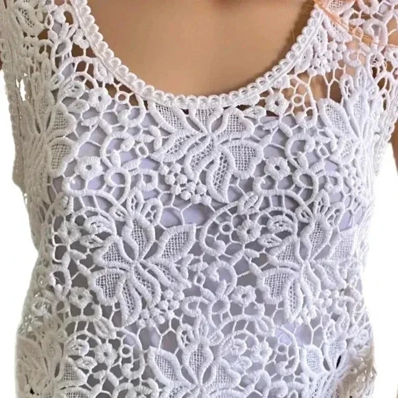 NWOT Ann Taylor LOFT  Women’s White Crochet Lace Sleeveless Top Cotton Blouse - Picture 3 of 11
